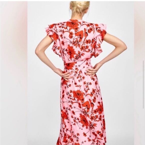 ZARA Woman Linen Blushing Blossom Ruffle Midi Dress XS - Picture 6 of 8